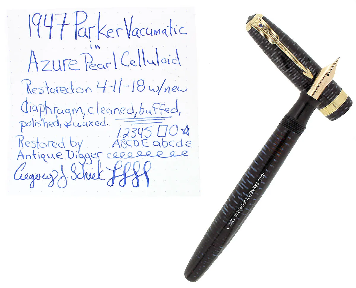 1947 PARKER AZURE PEARL VACUMATIC MAJOR SINGLE JEWEL FOUNTAIN PEN RESTORED