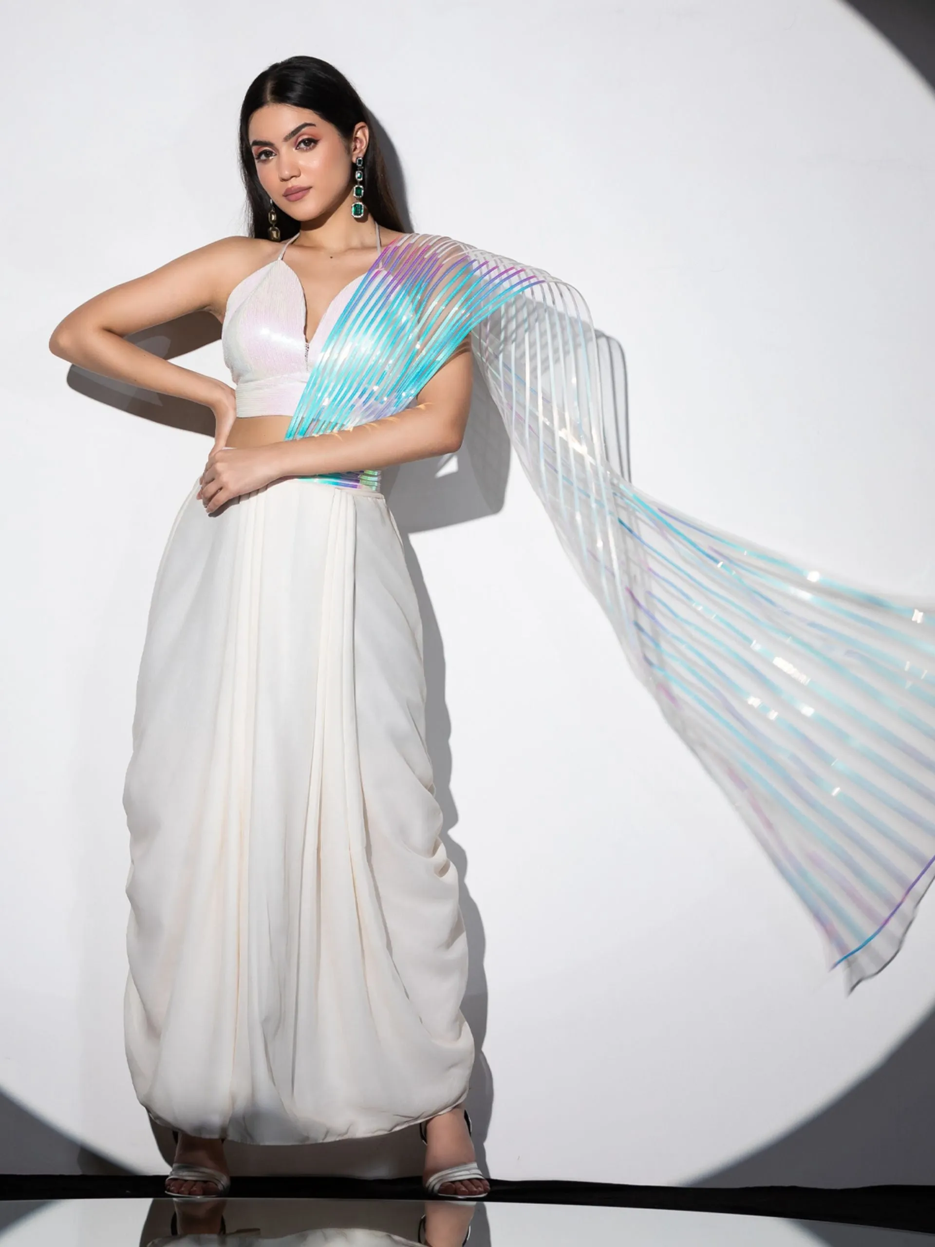 2 Pc SET | Ivory Princess Cowl Skirt with Iridescent stripes Pallu with Sequin Blouse