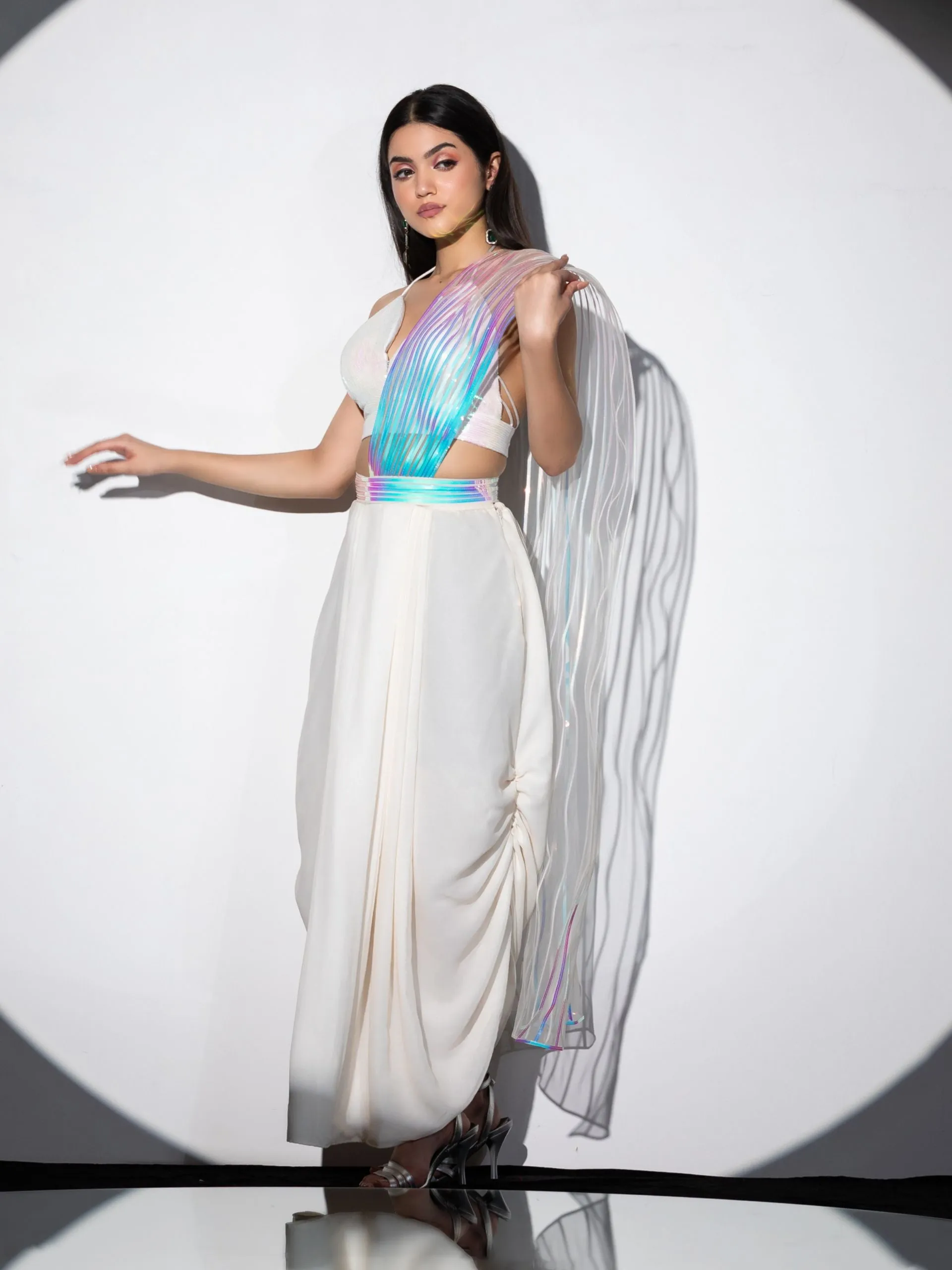 2 Pc SET | Ivory Princess Cowl Skirt with Iridescent stripes Pallu with Sequin Blouse