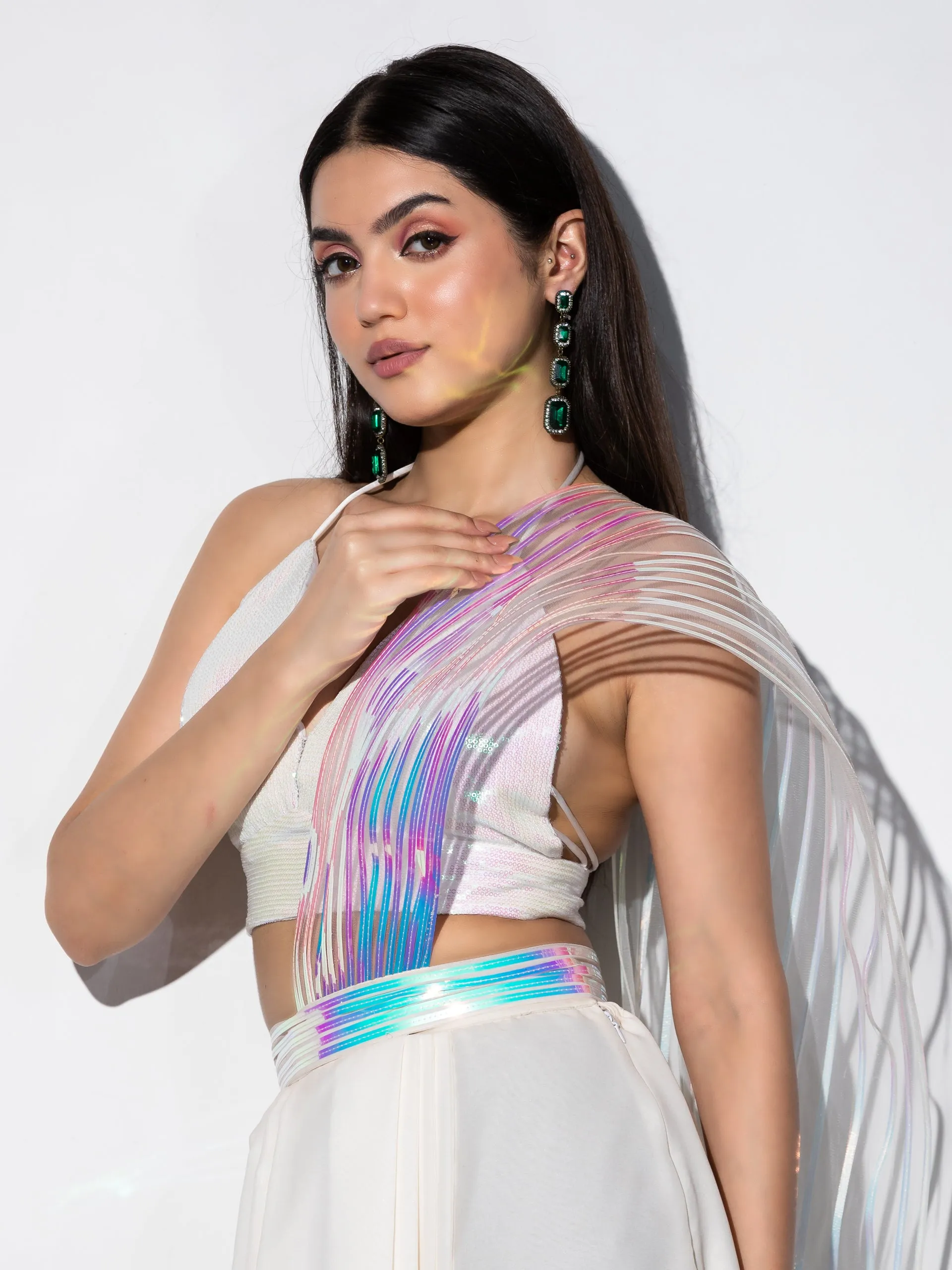 2 Pc SET | Ivory Princess Cowl Skirt with Iridescent stripes Pallu with Sequin Blouse