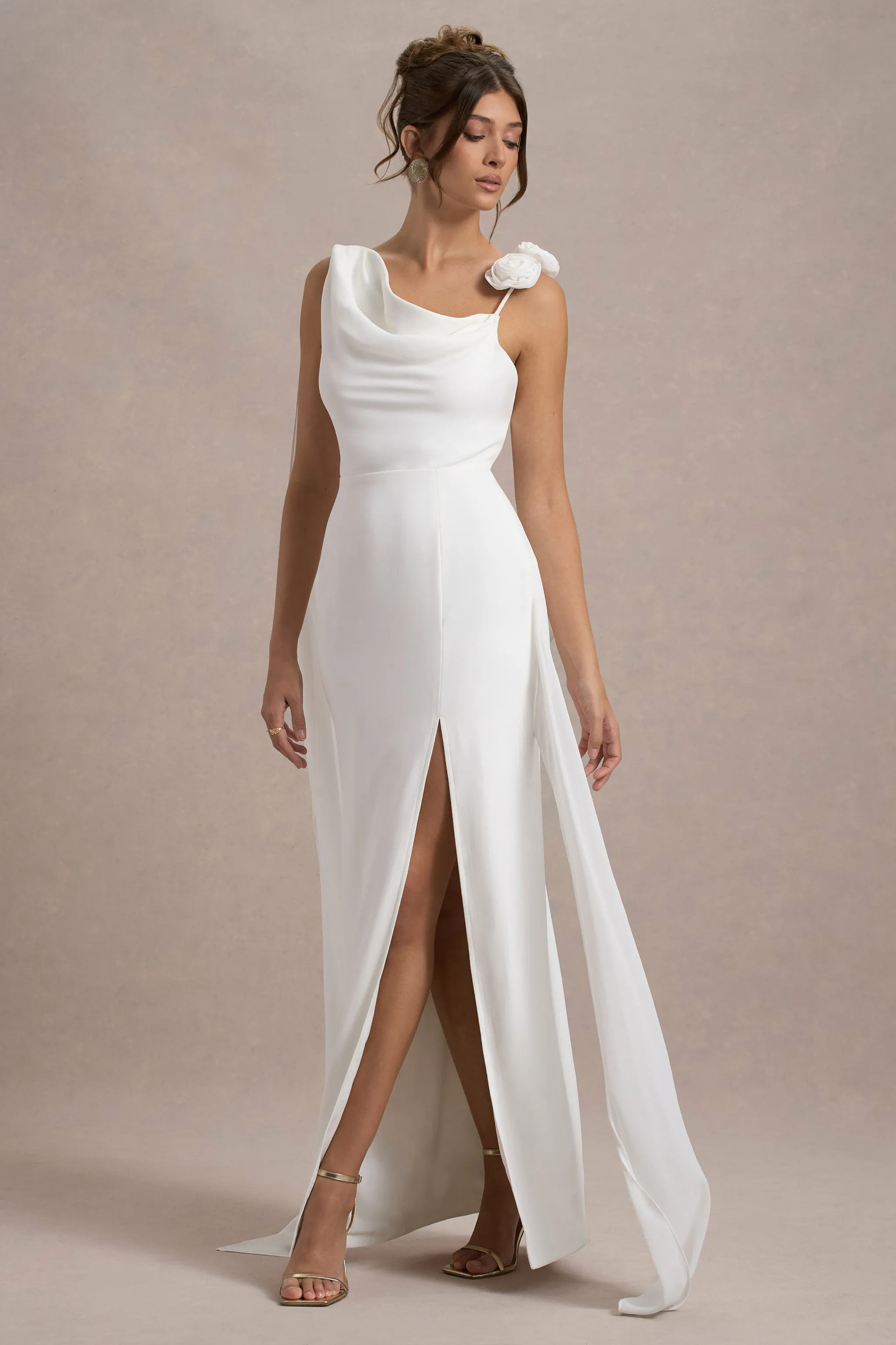 Angeline | White Chiffon Draped Split Maxi Dress With Corsages