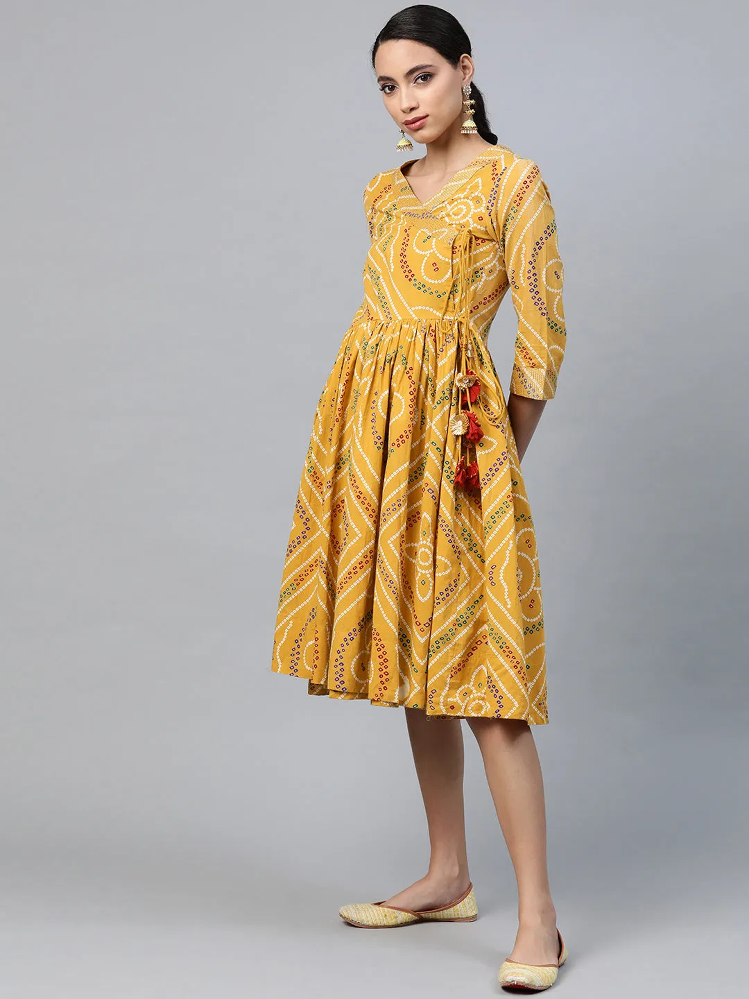 Anubhutee Mustard Yellow  White Bandhani Printed Pure Cotton Angrakha A-Line Dress