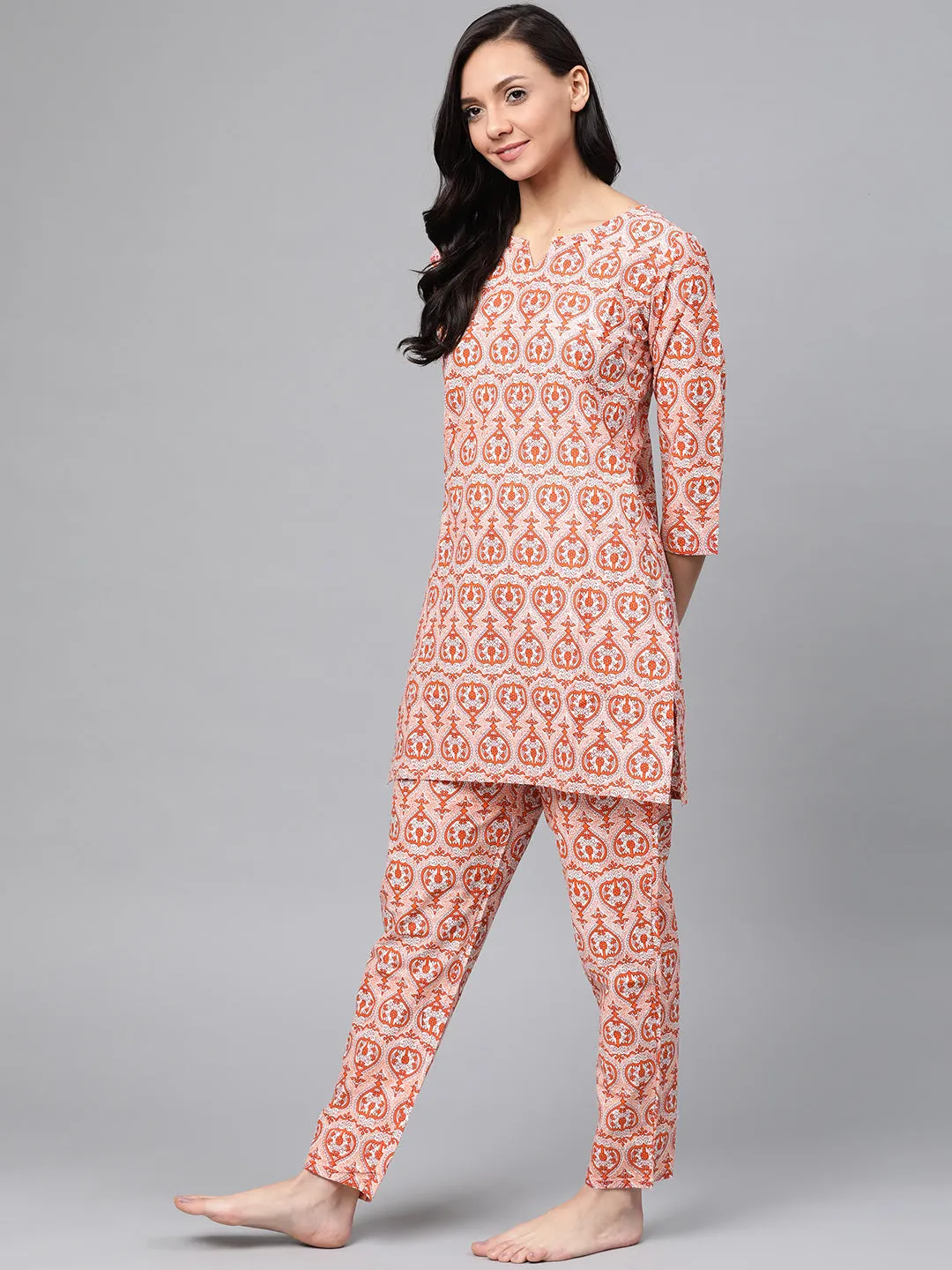 Anubhutee Women Orange  White Pure Cotton Printed Night suit