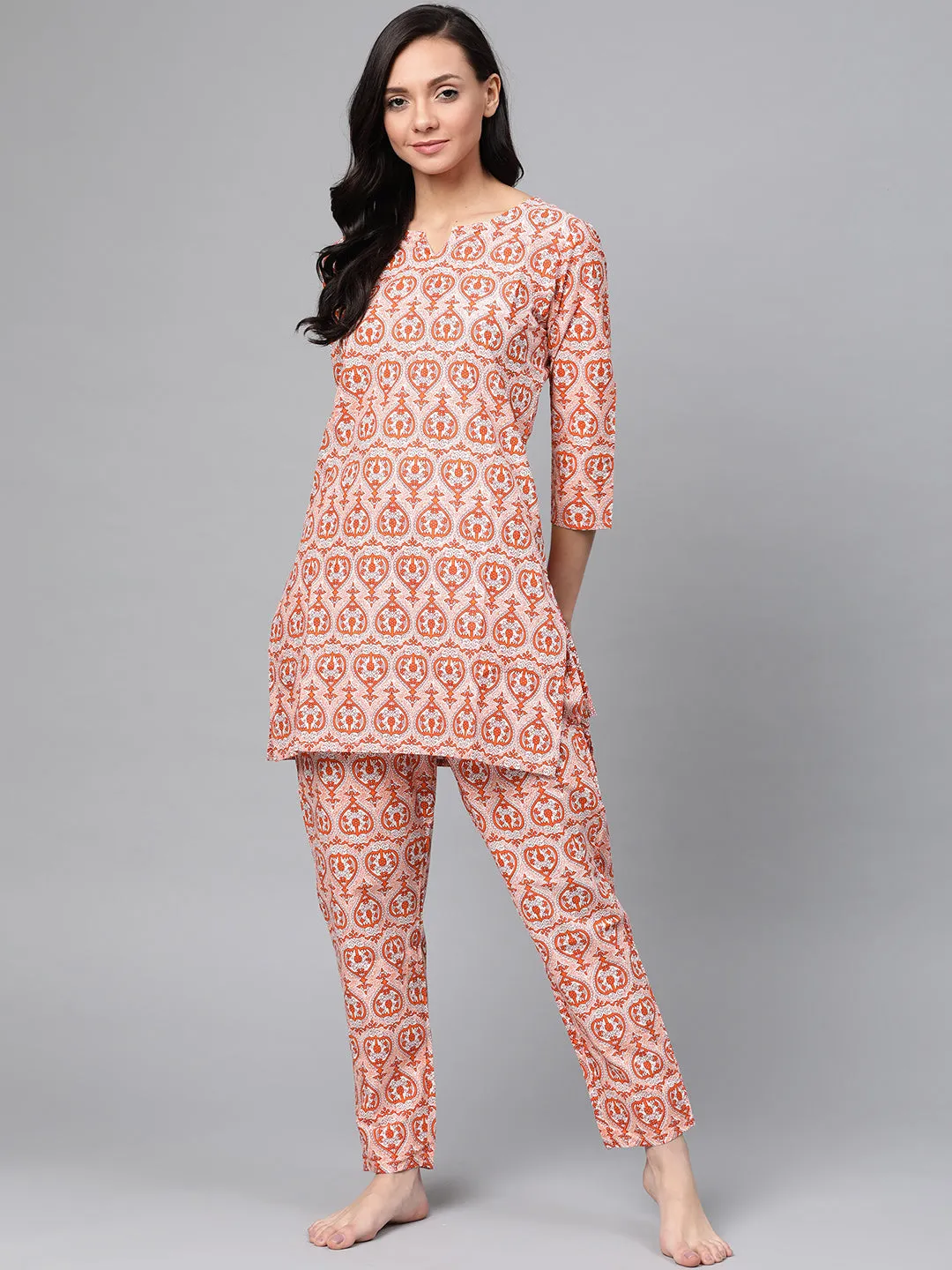 Anubhutee Women Orange  White Pure Cotton Printed Night suit