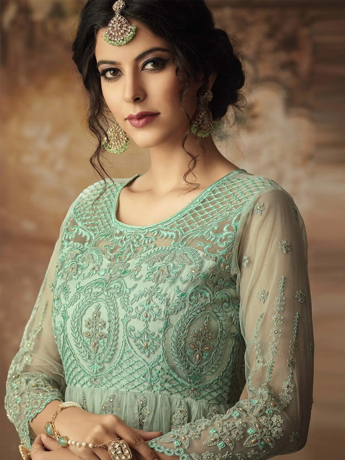 Aqua Blue Thread Embroidered Party Wear Sharara Suit