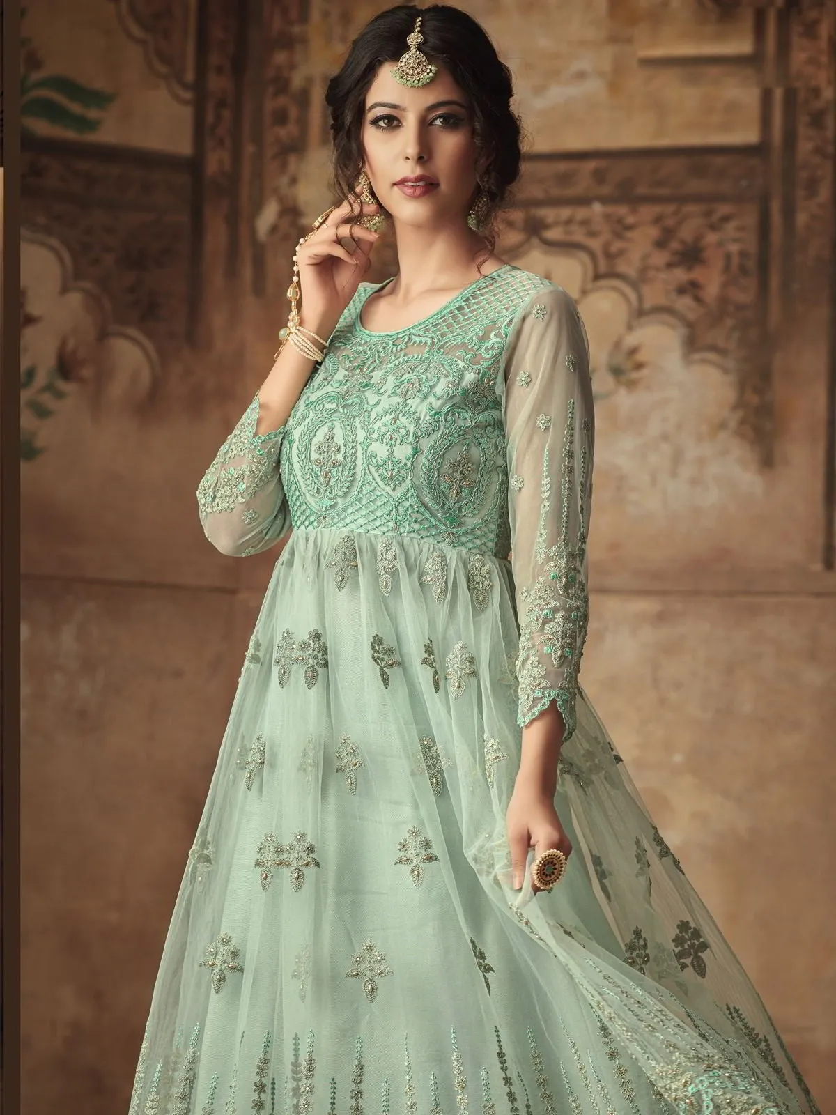 Aqua Blue Thread Embroidered Party Wear Sharara Suit