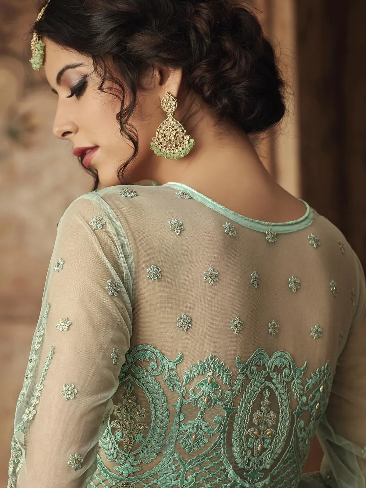 Aqua Blue Thread Embroidered Party Wear Sharara Suit