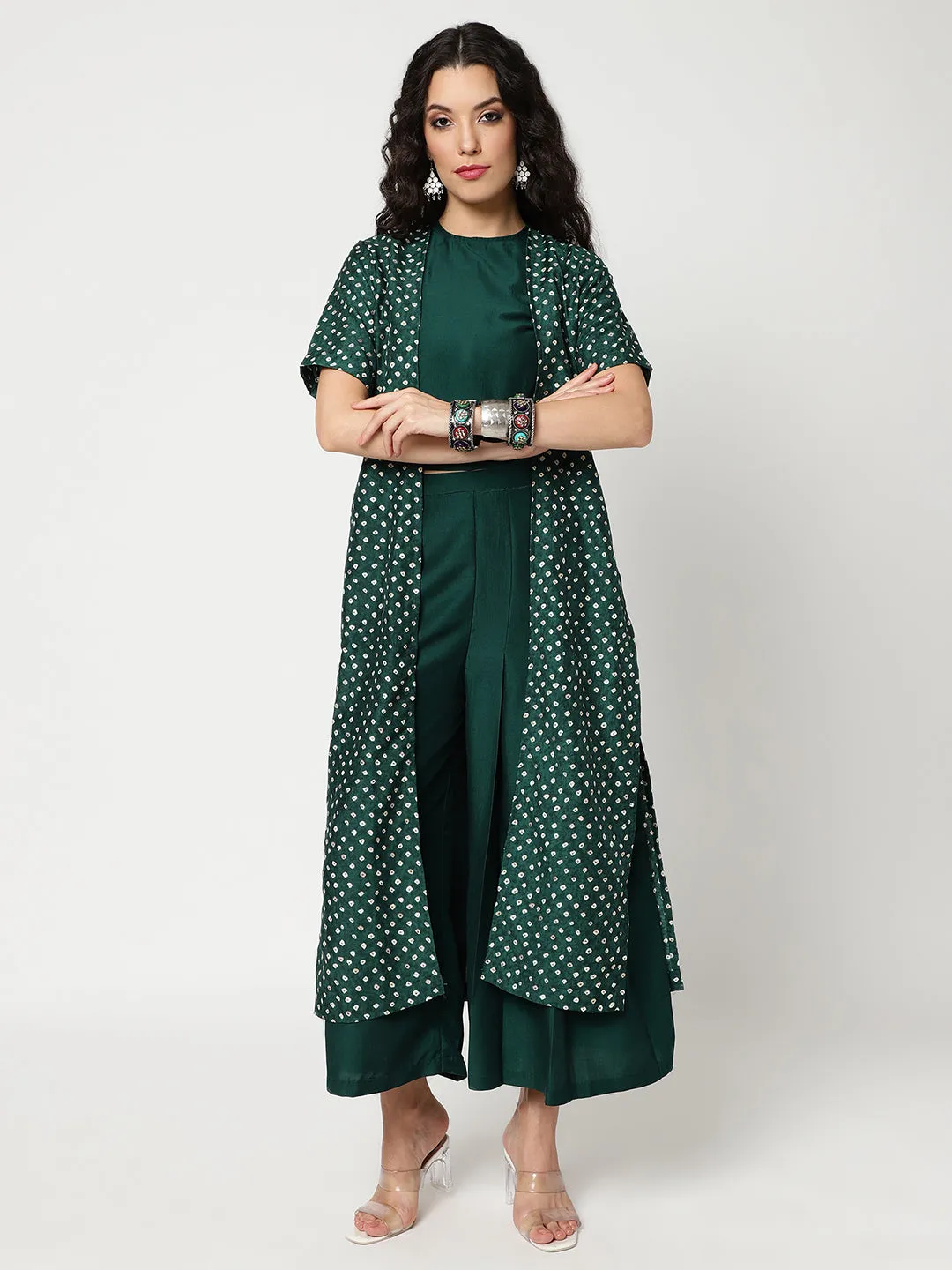 Bandhani Foil Printed Shrug With Solid Crop Top And Matching Pant Set