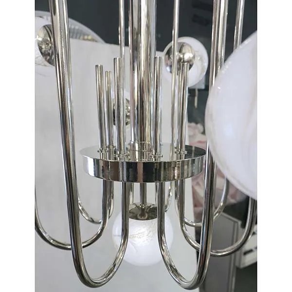 Bespoke Italian Alabaster White Murano Glass Nickel Curved Globe Chandelier