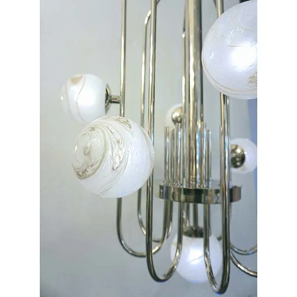 Bespoke Italian Alabaster White Murano Glass Nickel Curved Globe Chandelier