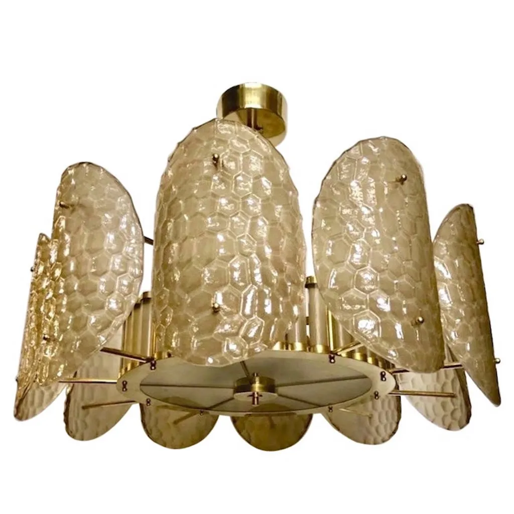 Bespoke Italian Crystal Smoked Taupe Murano Glass Brass Chandelier / Flushmount