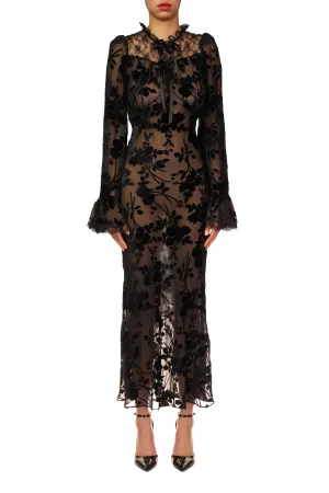 Black Burnout Velvet Bias Dress With Bell Sleeves