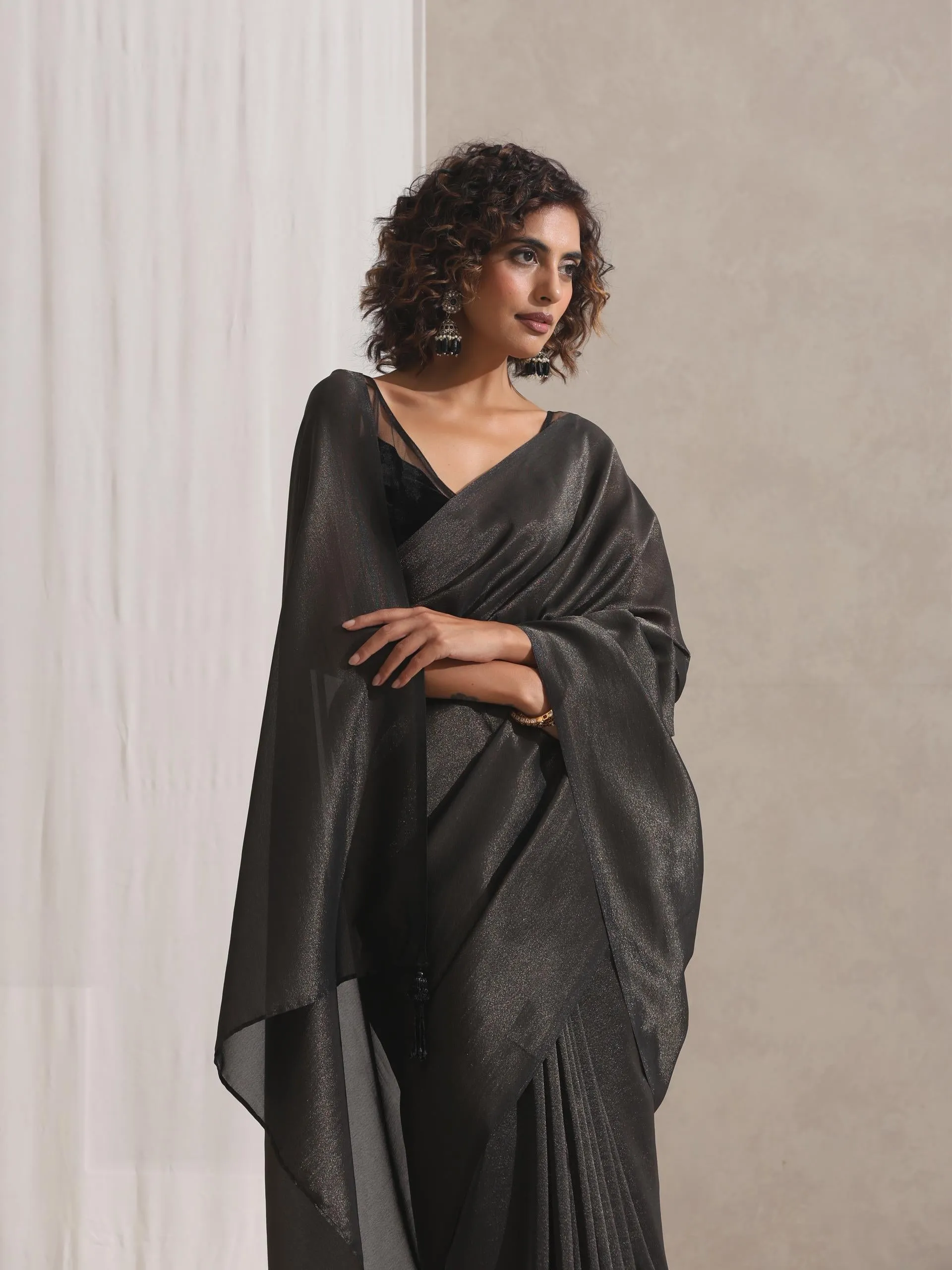 Black Woven Gold Saree with Pendants