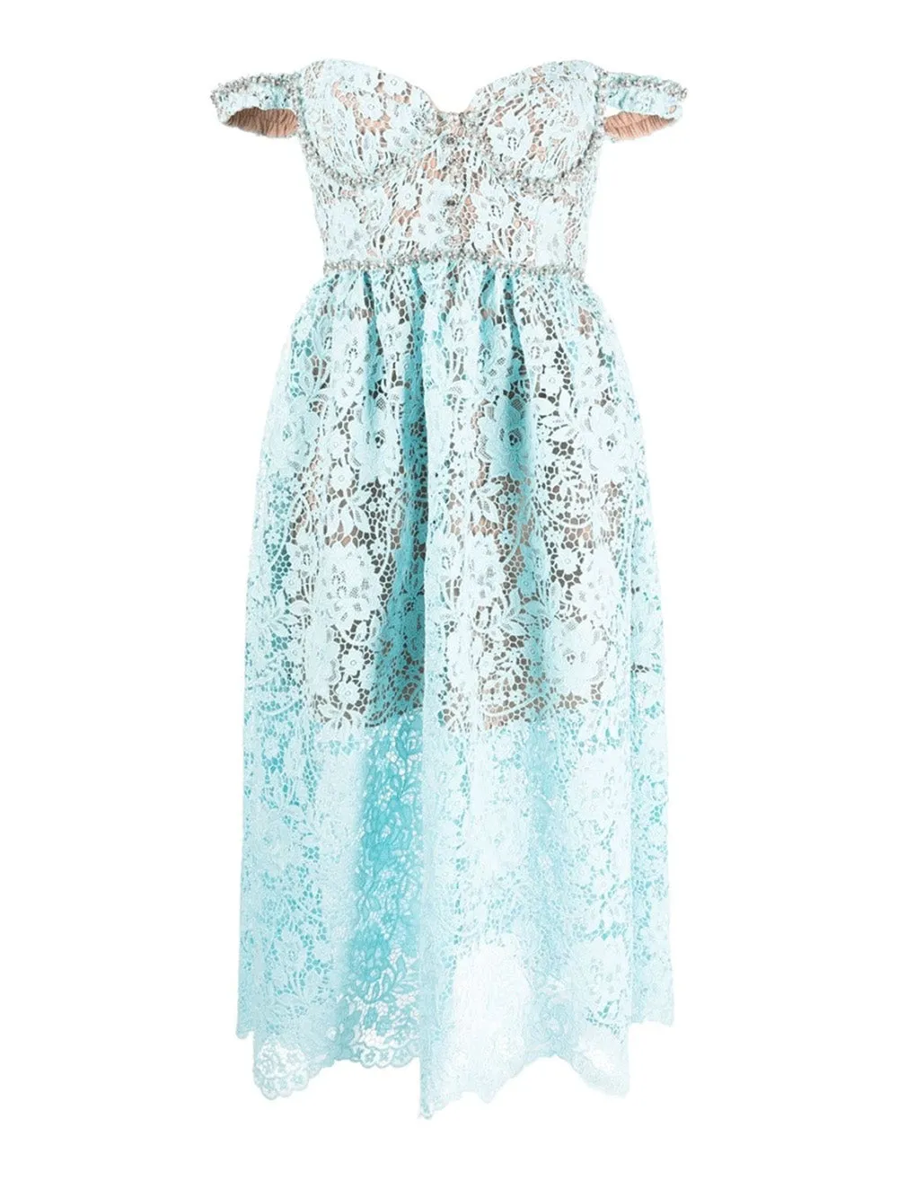 Blue Cord Lace Diamante Midi Dress