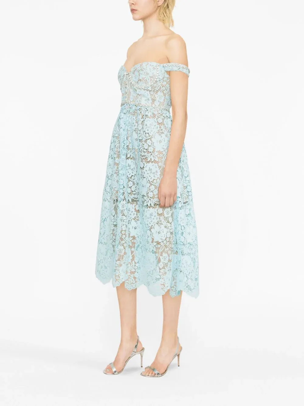 Blue Cord Lace Diamante Midi Dress