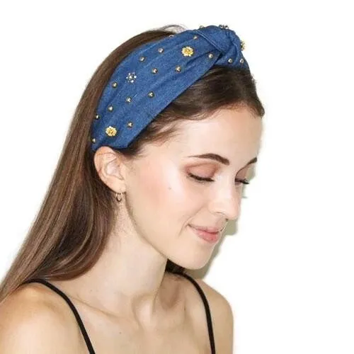 Blue Garden denim embellished headband rhinestone stud decorated knot hairband women hair accessory