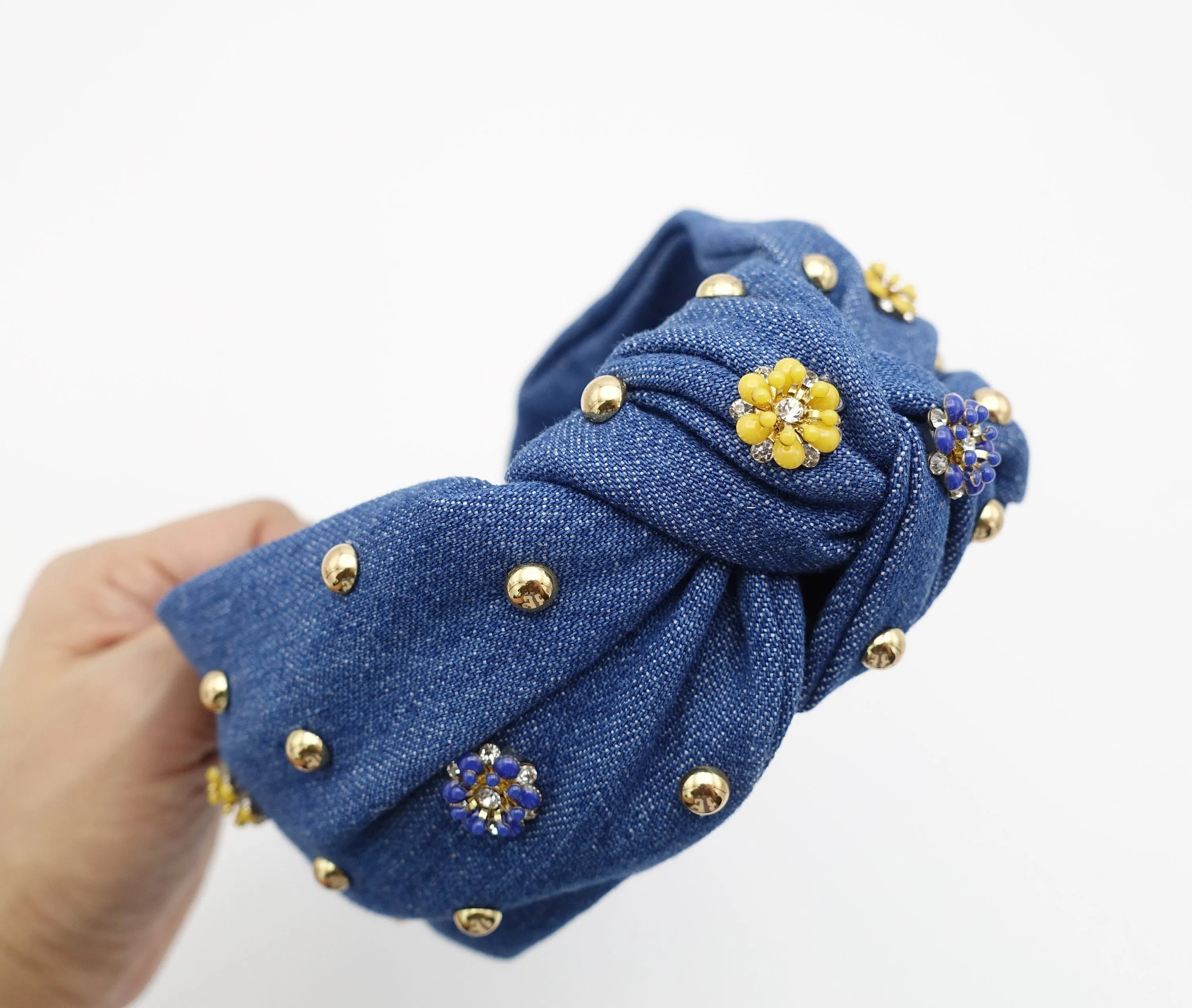 Blue Garden denim embellished headband rhinestone stud decorated knot hairband women hair accessory