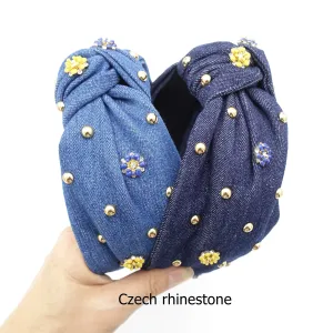 Blue Garden denim embellished headband rhinestone stud decorated knot hairband women hair accessory