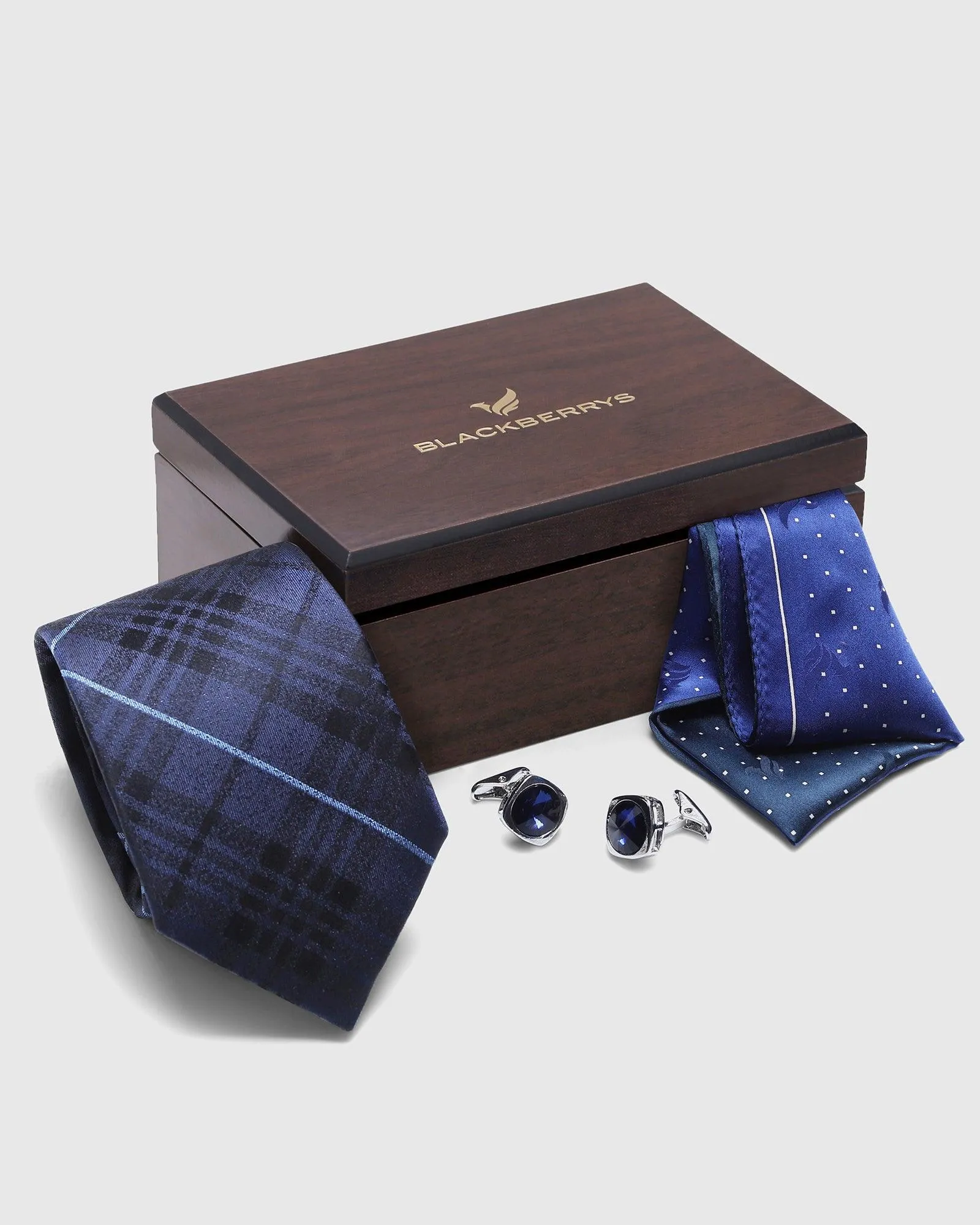 Boxed Combo Check Tie With Pocket Square And Cufflink - Seem