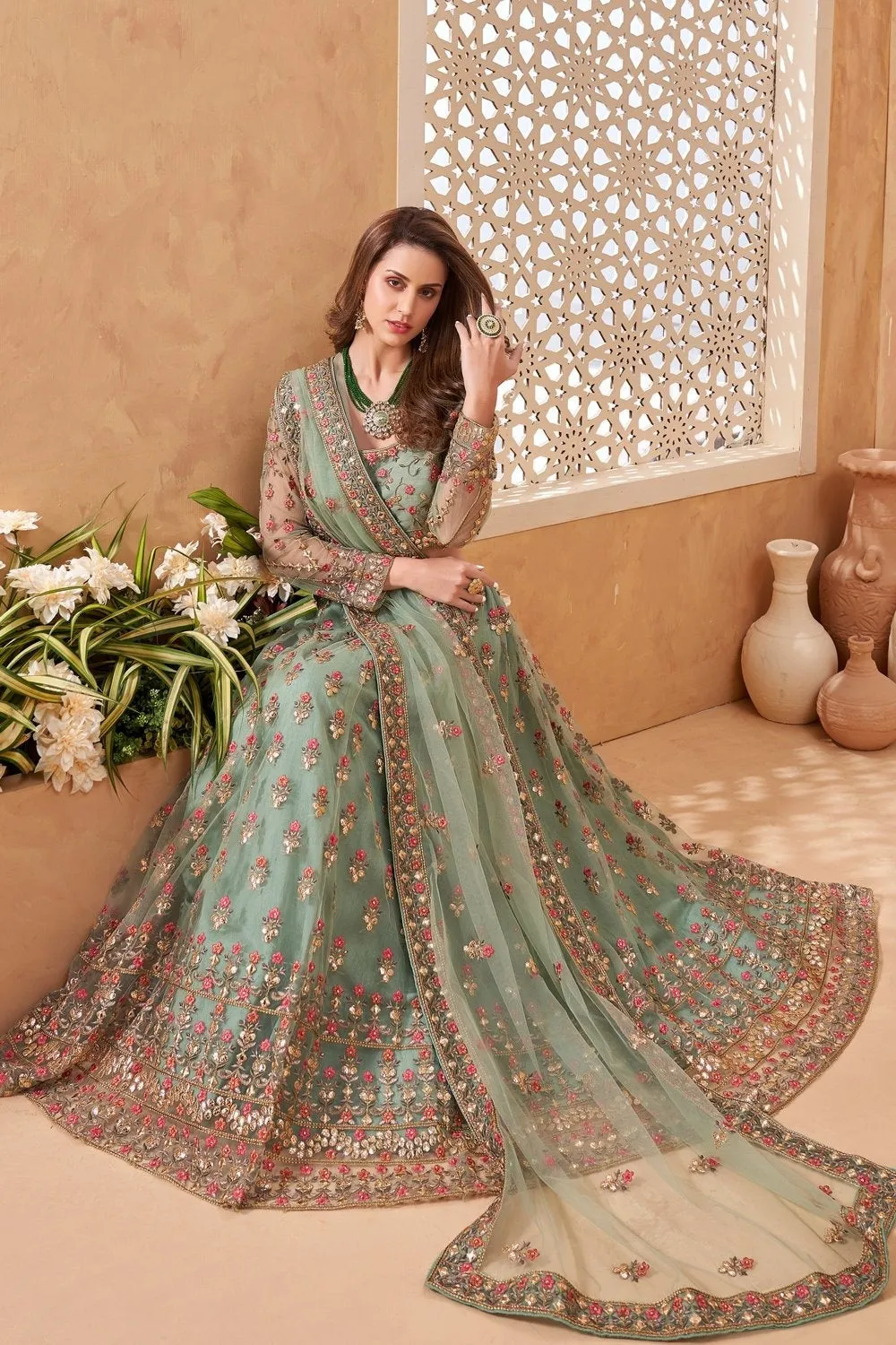 Bridal Mint Green A Line All Embroidered Lehenga Choli