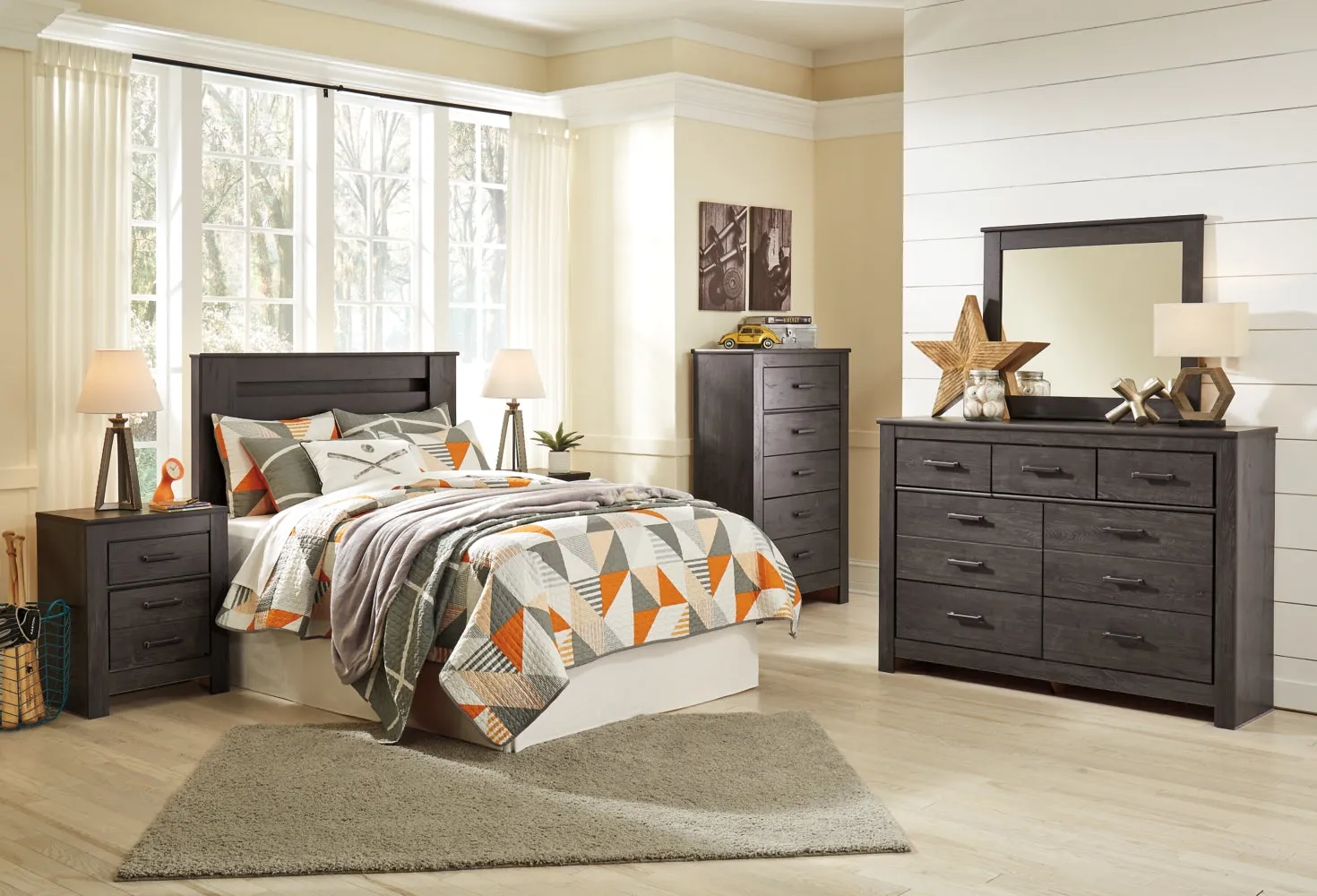 Brinxton Full Panel Headboard Bed with Mirrored Dresser, Chest and 2 Nightstands