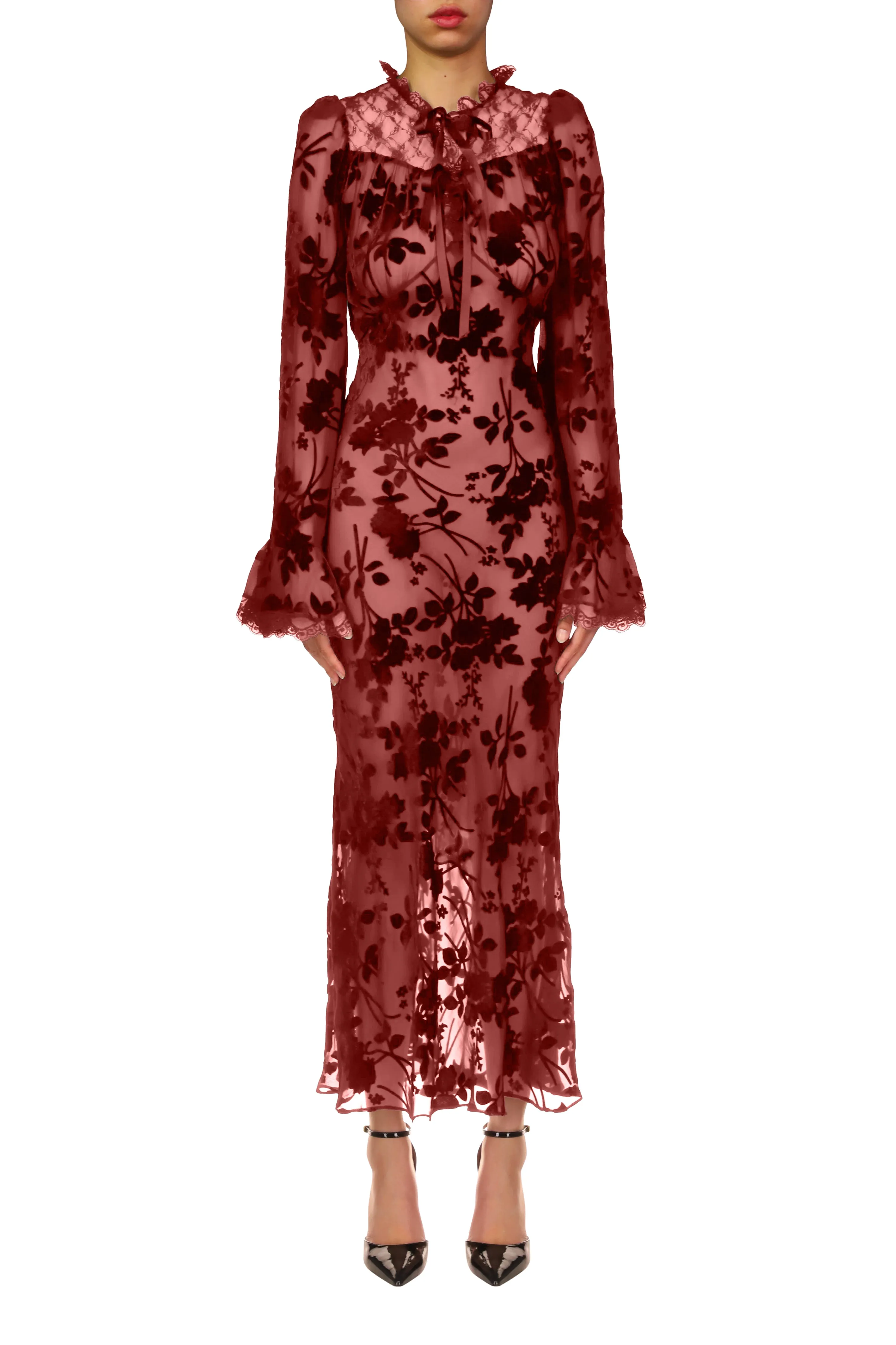 Burgundy Burnout Velvet Bias Dress With Bell Sleeves