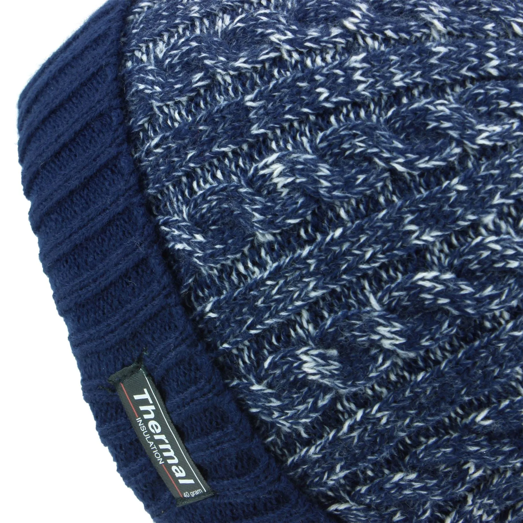 Cable Knit Marl Beanie Hat with Turn-up - Blue