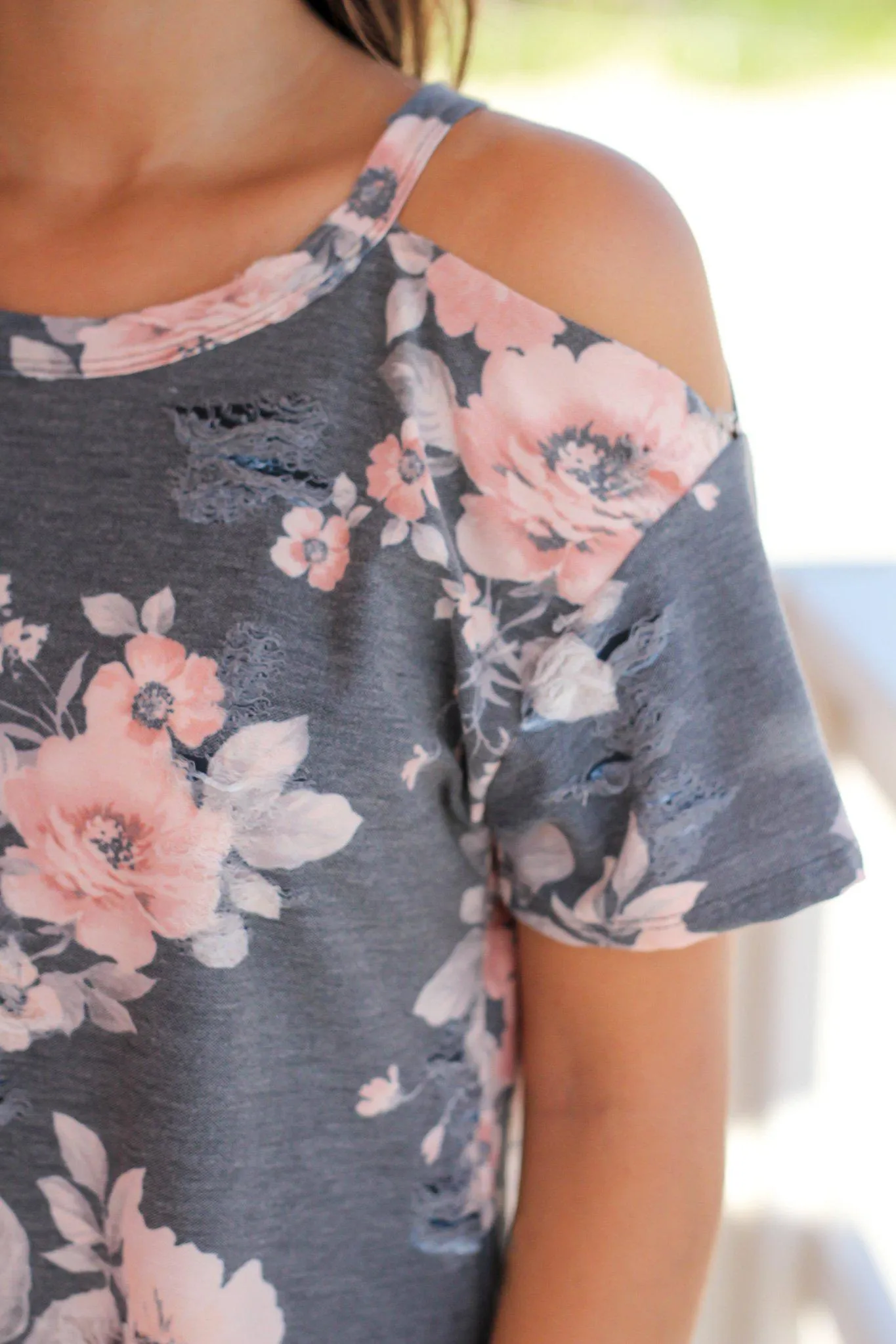 Charcoal Cold Shoulder Floral Top