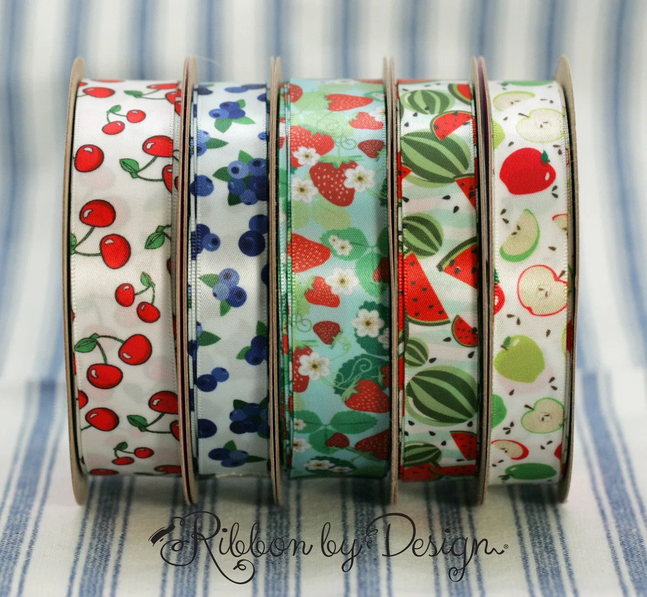 Cherries Ribbon on 7/8" White Single Face Satin Ribbon