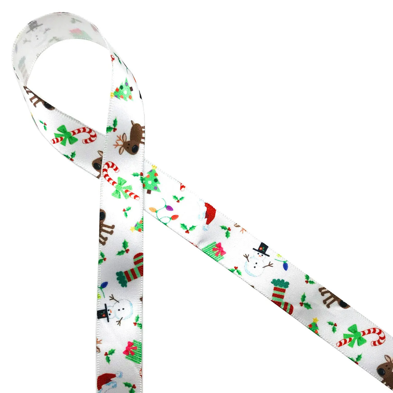 Christmas elements ribbon on  printed on 5/8"  and 7/8"  White Single Face Satin