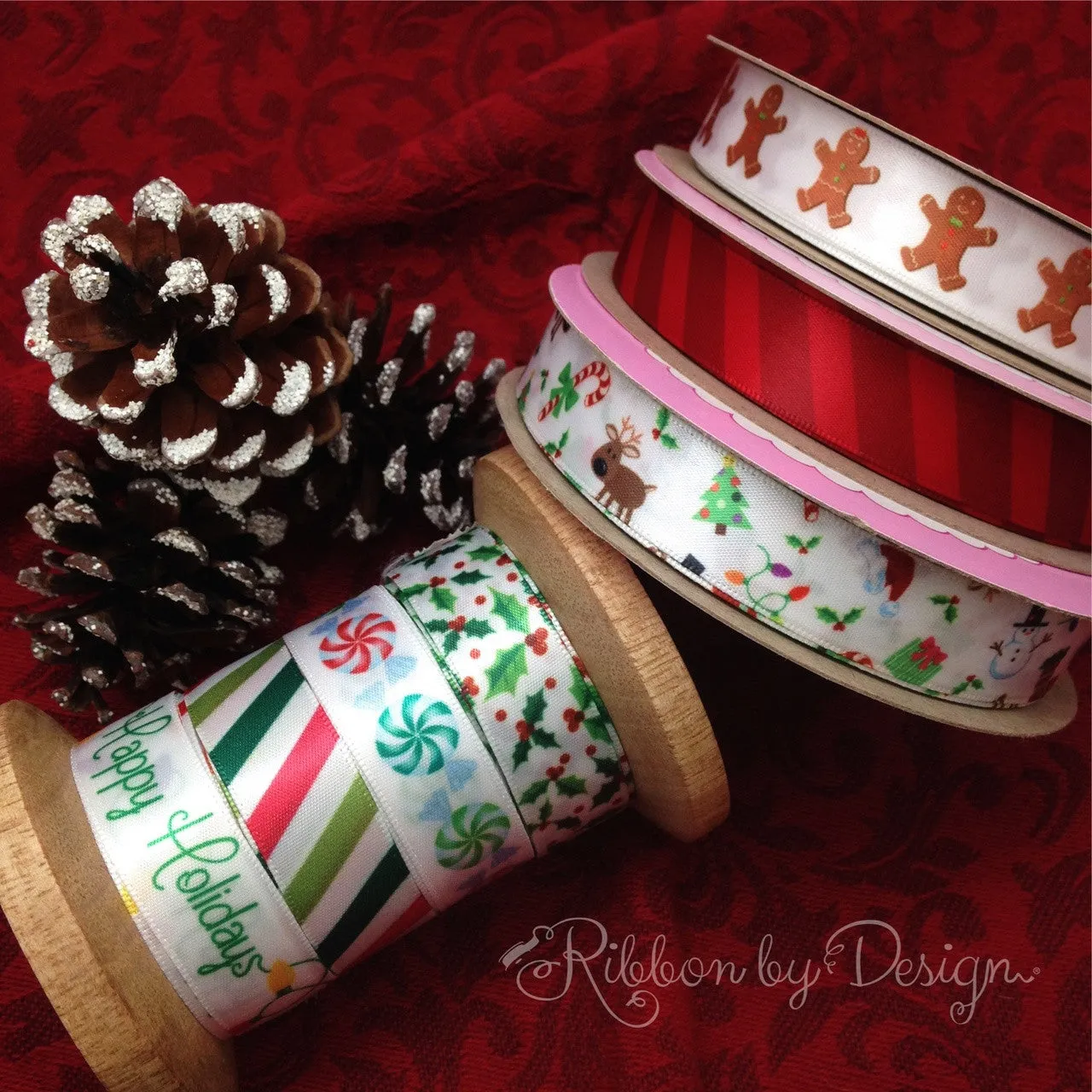 Christmas elements ribbon on  printed on 5/8"  and 7/8"  White Single Face Satin