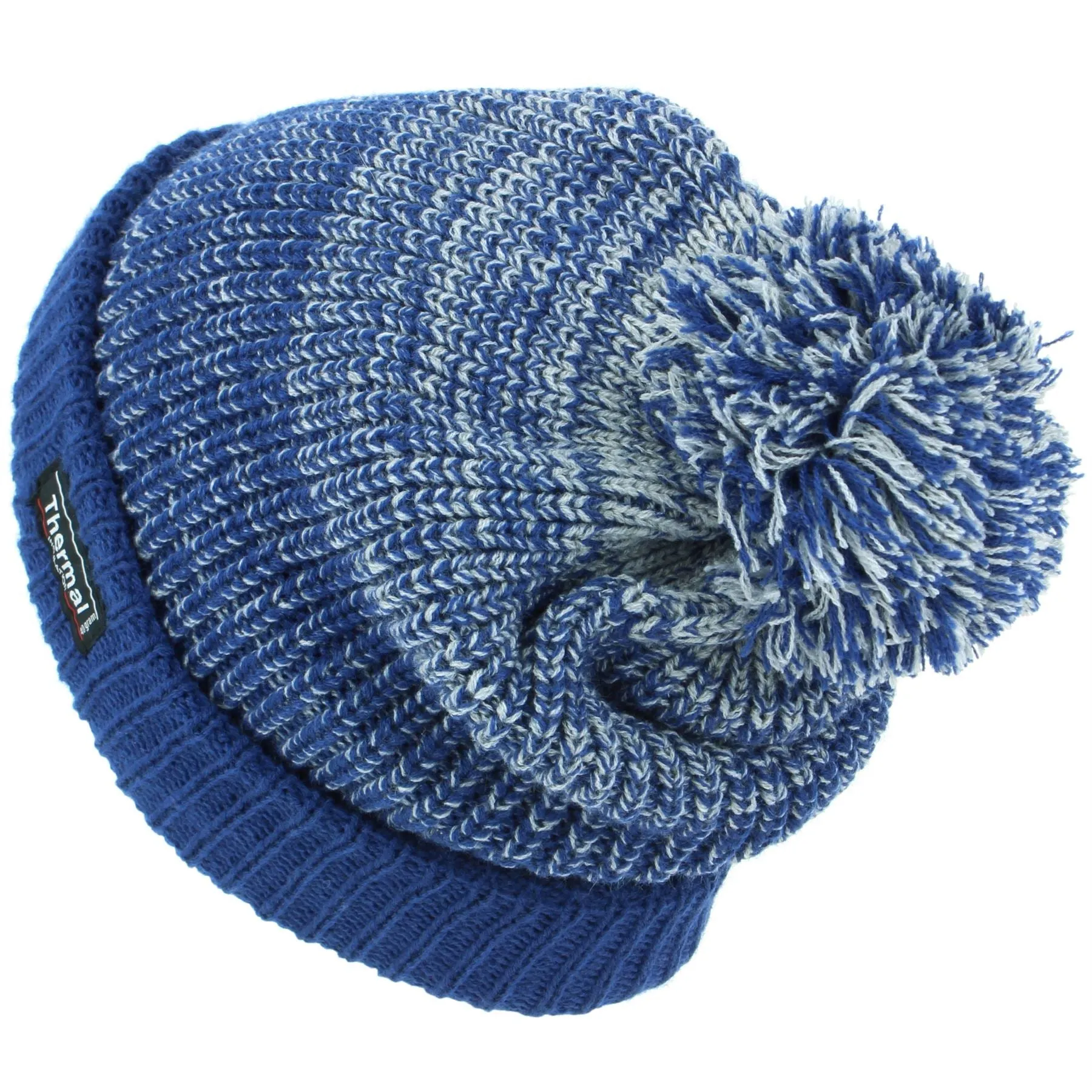 Chunky Knit Marl Bobble Beanie Hat with Turn-up - Blue