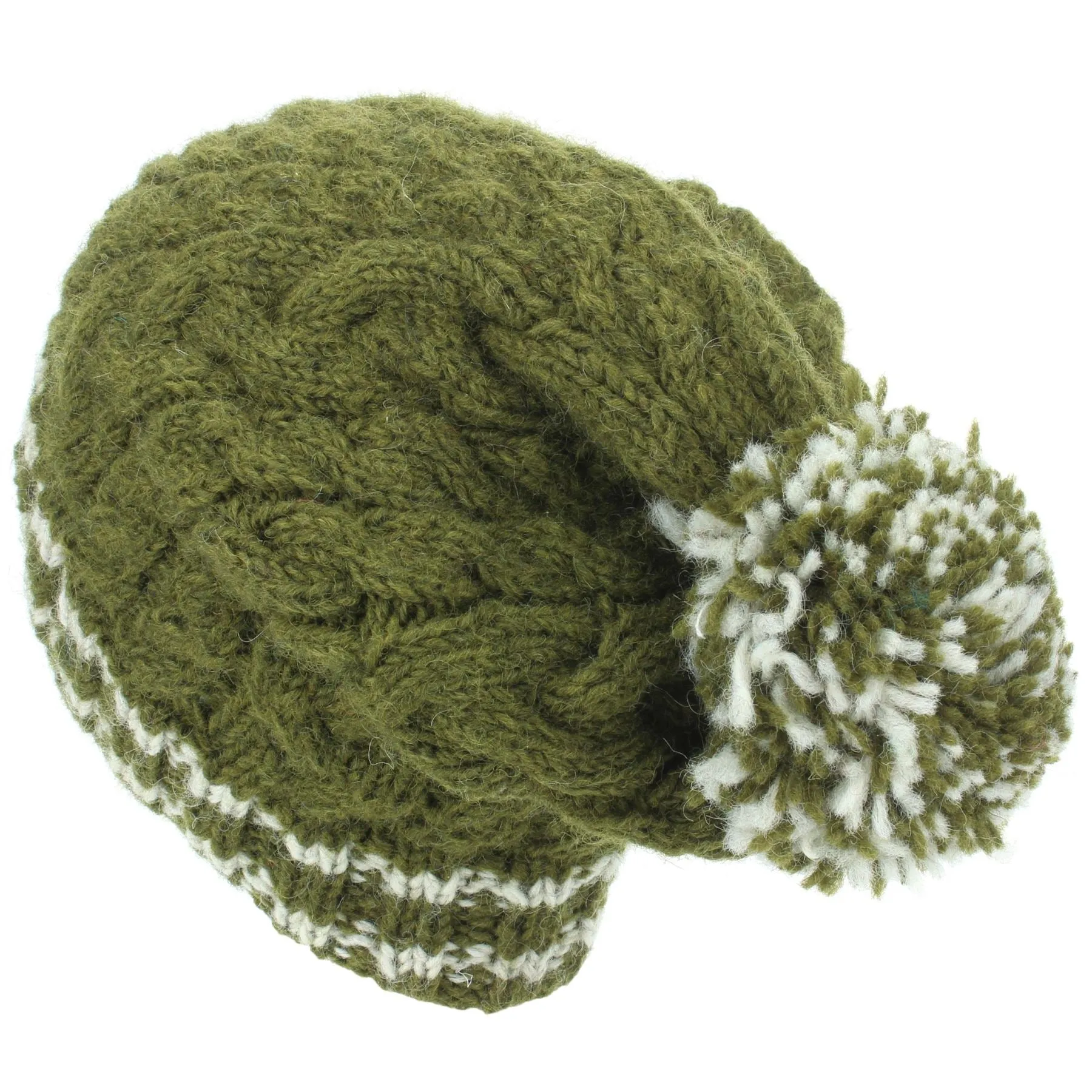 Chunky Wool Cable Knit Big Baggy Slouch Beanie Bobble Hat with Striped Brim - Green