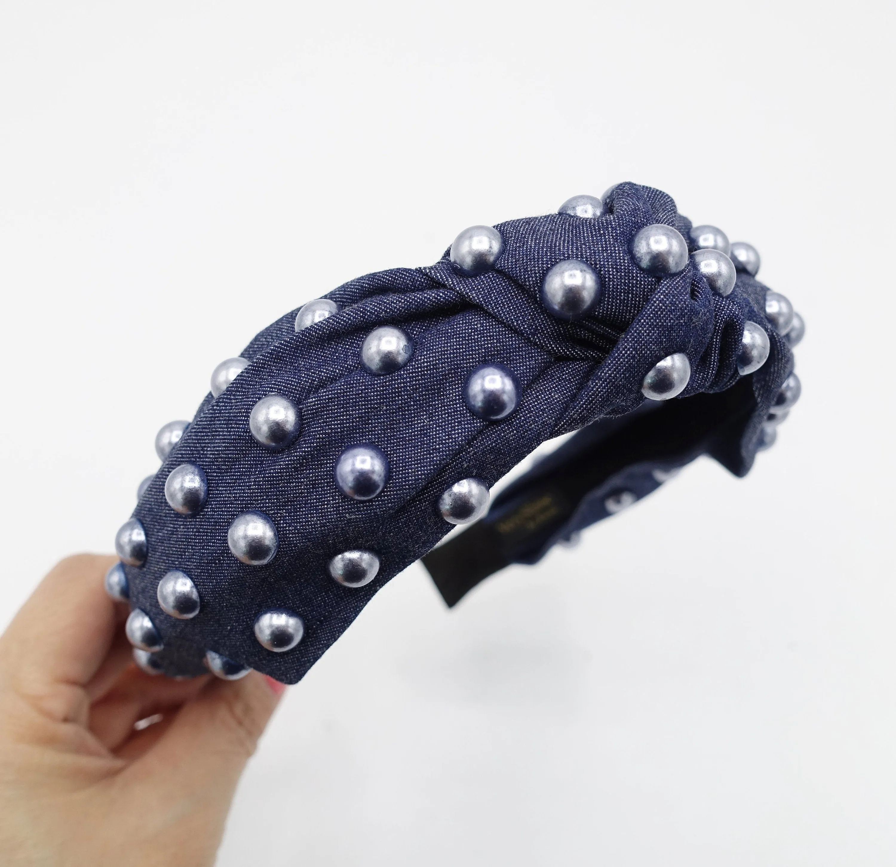 denim pearl embellished headband