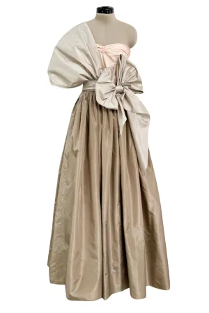 Dreamy Early 1980s Bill Blass Pink, Champagne  & Taupe Silk One Shoulder Dress w Full Skirt