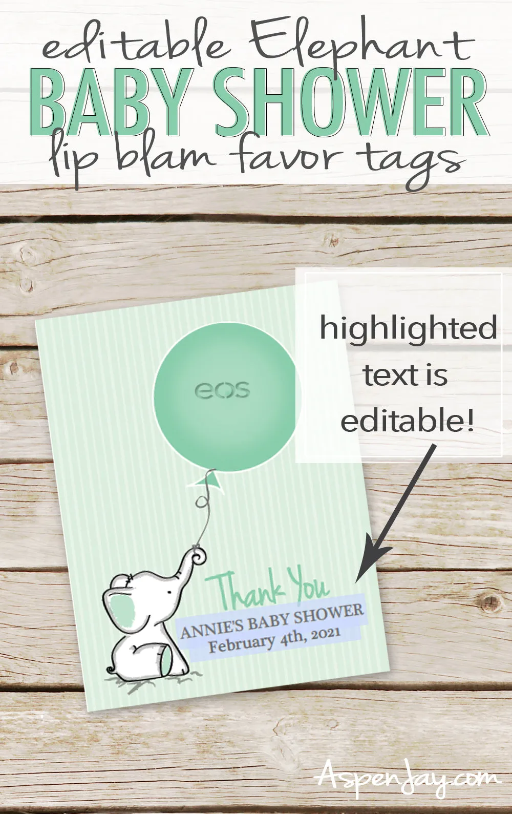 EDITABLE Green Elephant EOS Lip Balm Favor Card