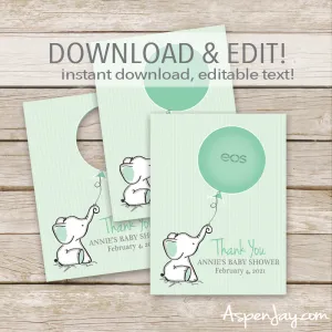 EDITABLE Green Elephant EOS Lip Balm Favor Card