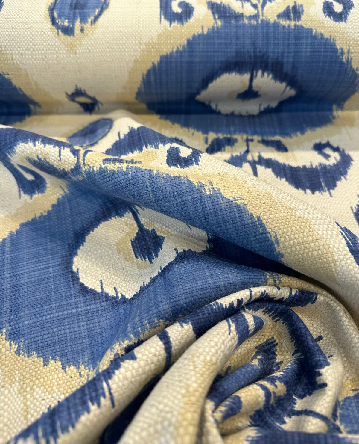 Egeo Azure Blue Ikat Linen Teflon Drapery Upholstery Fabric by the yard