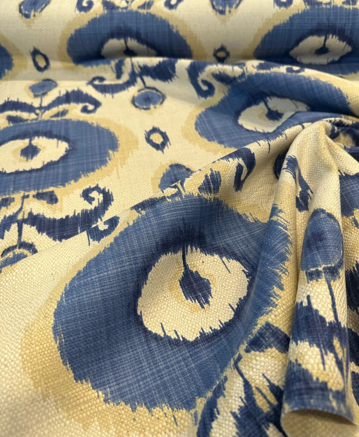 Egeo Azure Blue Ikat Linen Teflon Drapery Upholstery Fabric by the yard