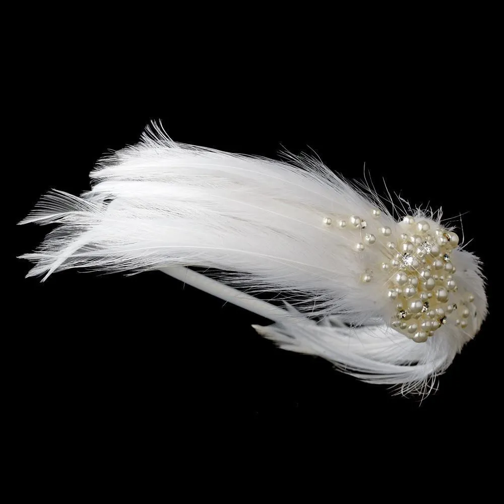 Feather, Crystal and Creamy Pearl Cluster Bridal Headband