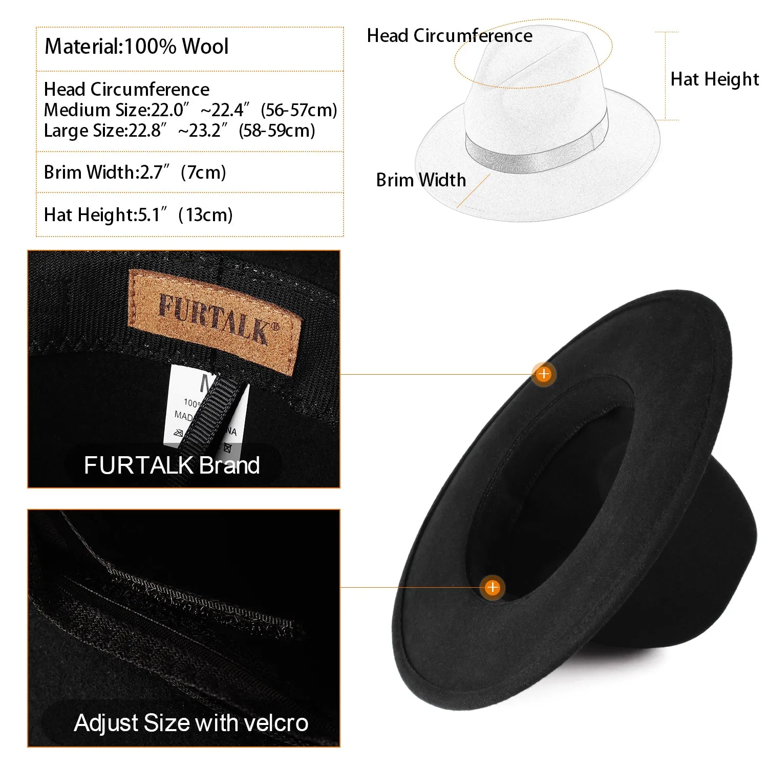 FURTALK Fedora Hats for Men Women 100% Australian Wool Felt Wide Brim Hat Ribbon Crushable Packable