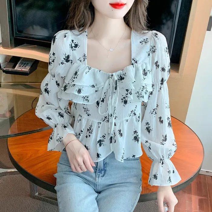 Gentle Plus Size Square Collar Floral Print Long Sleeve Shirt