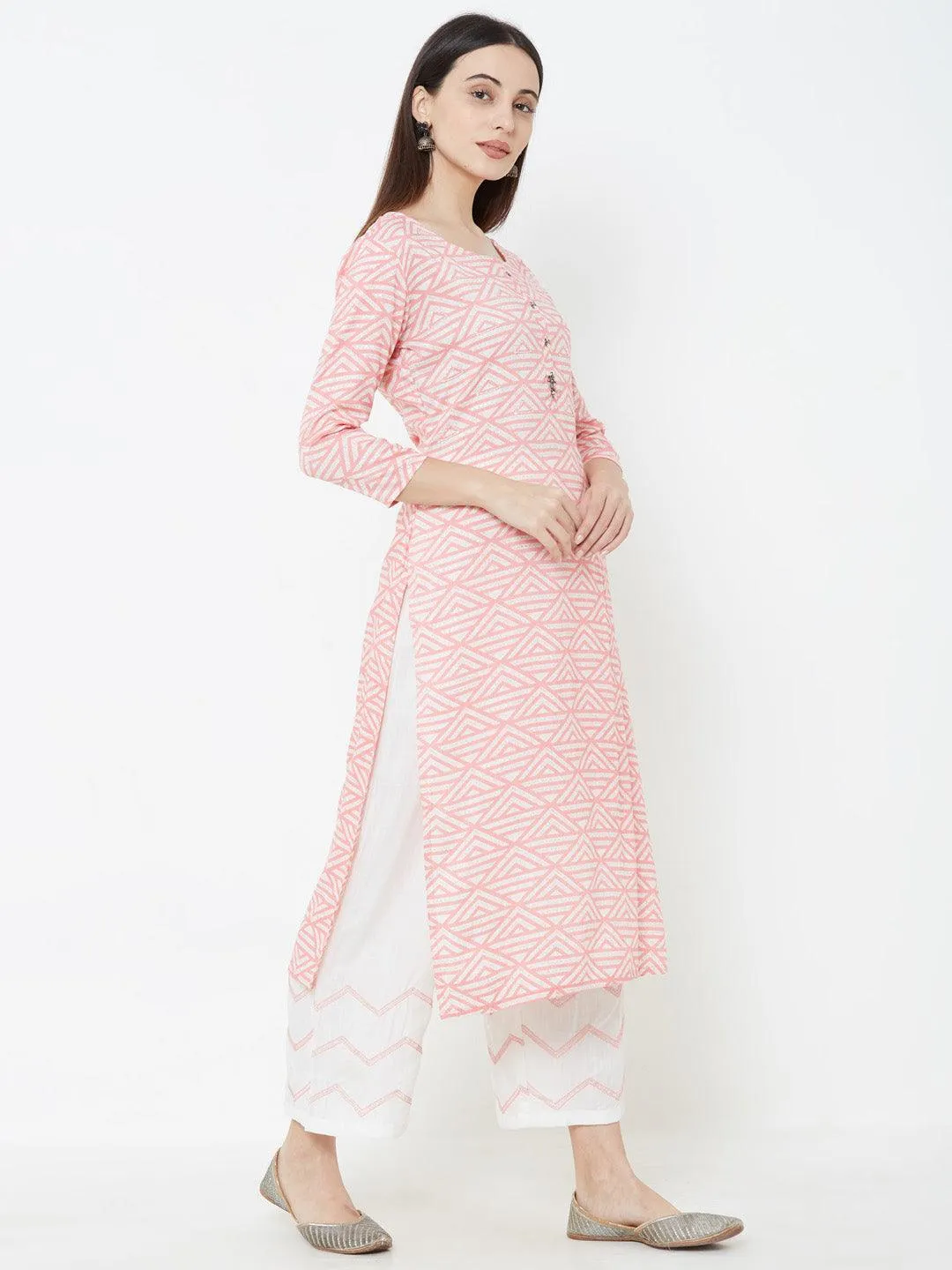 Geometric printed Kurta with Solid Pant – Pink