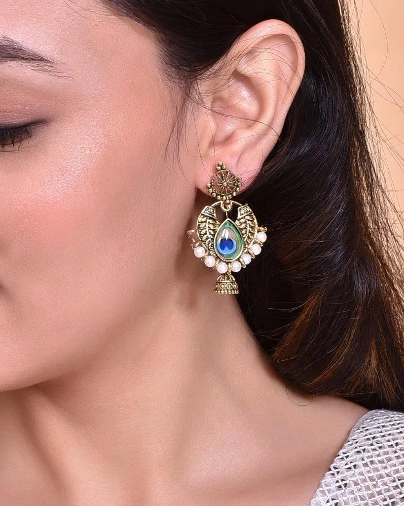 Gold Plated Peacock Contemporay Jhumka Earring - Voj