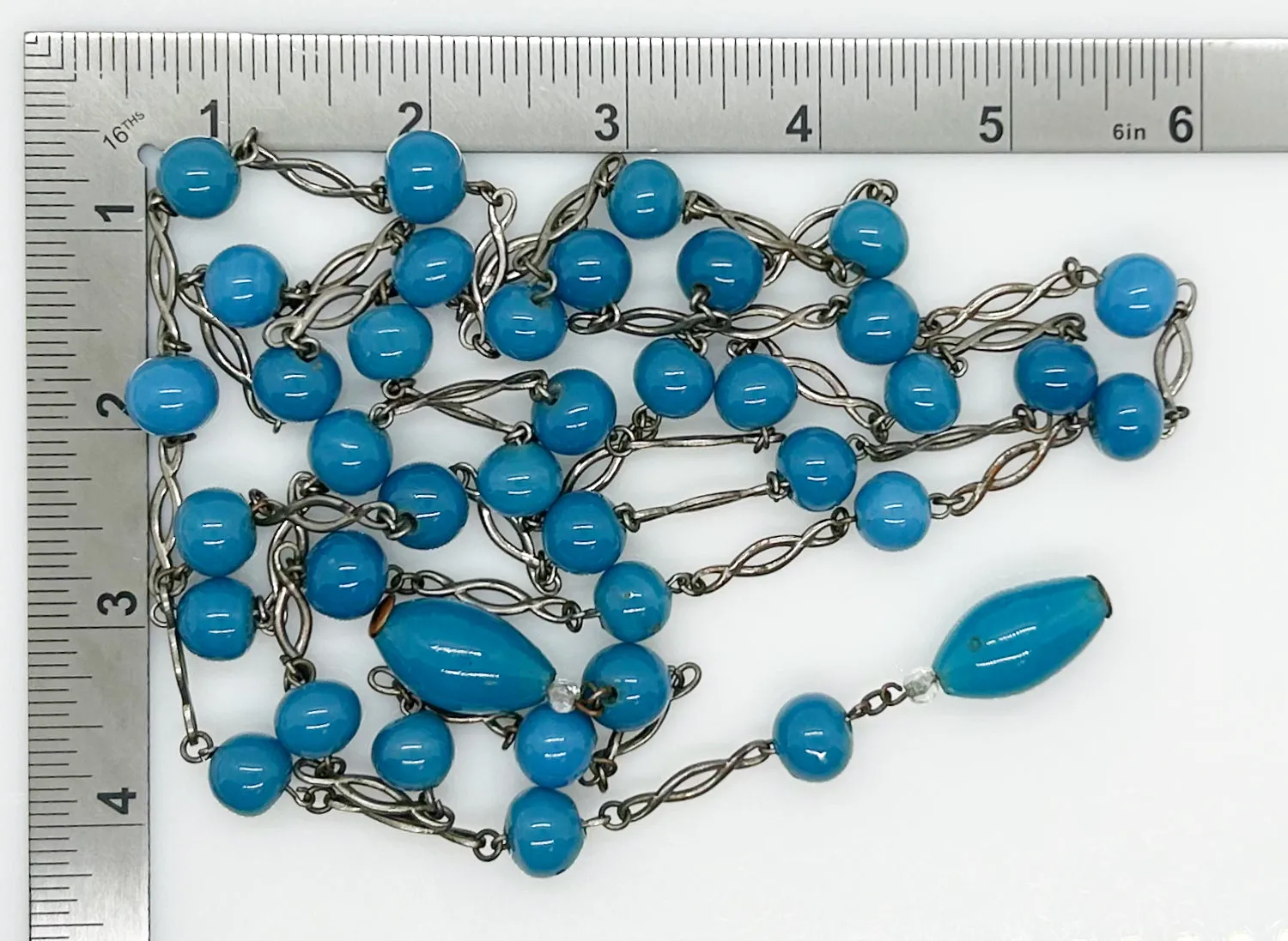 Gorgeous Rich Turquoise Colored Beads Antique Lariat Necklace