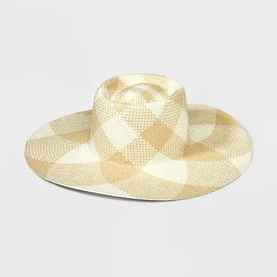 Hand Weave Plaid Floppy Boater Hat - A New Day Off-White S/M