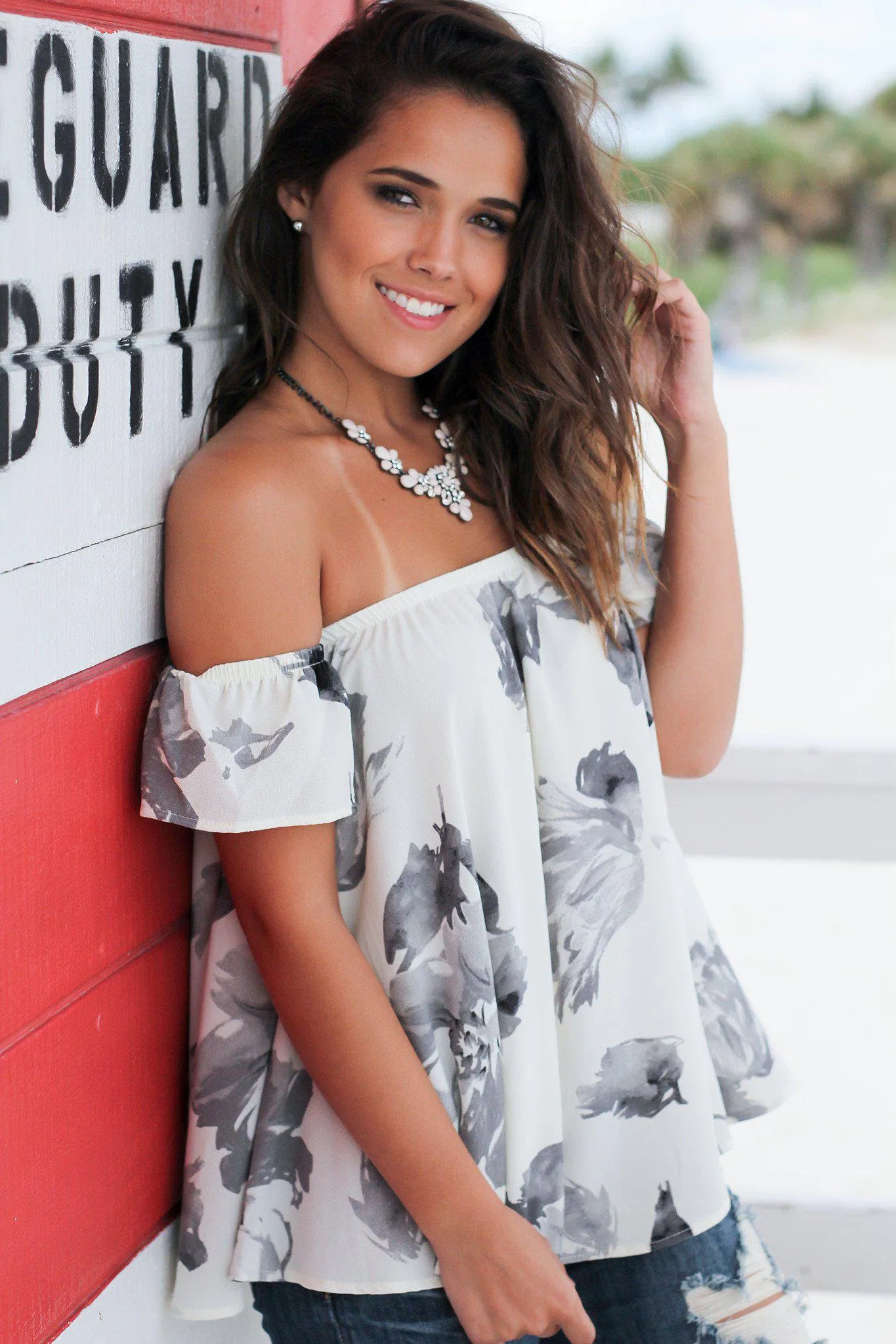 Ivory and Gray Floral Off Shoulder Top