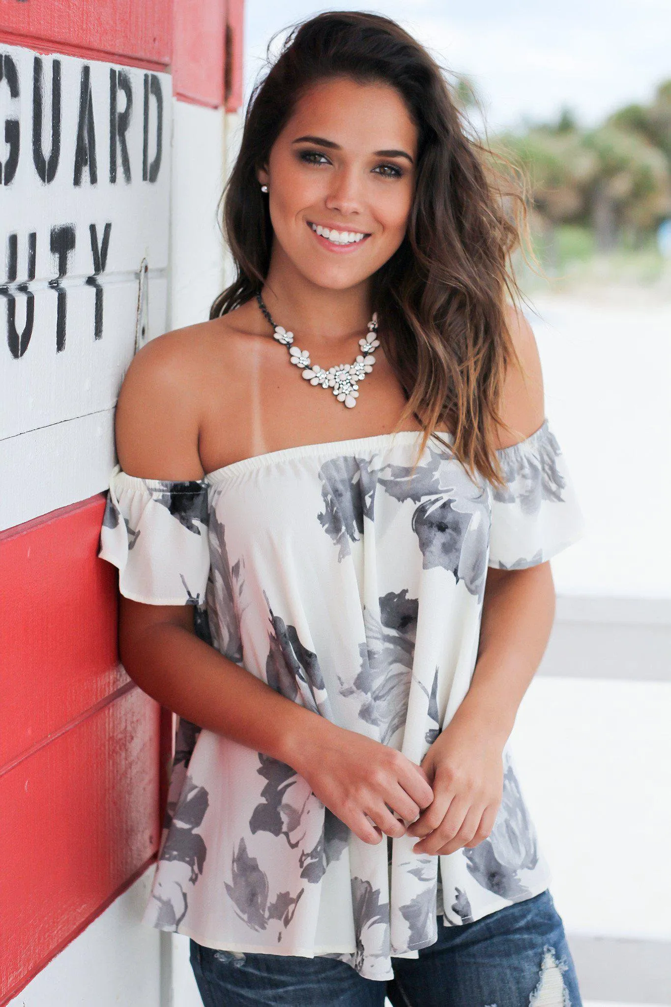 Ivory and Gray Floral Off Shoulder Top