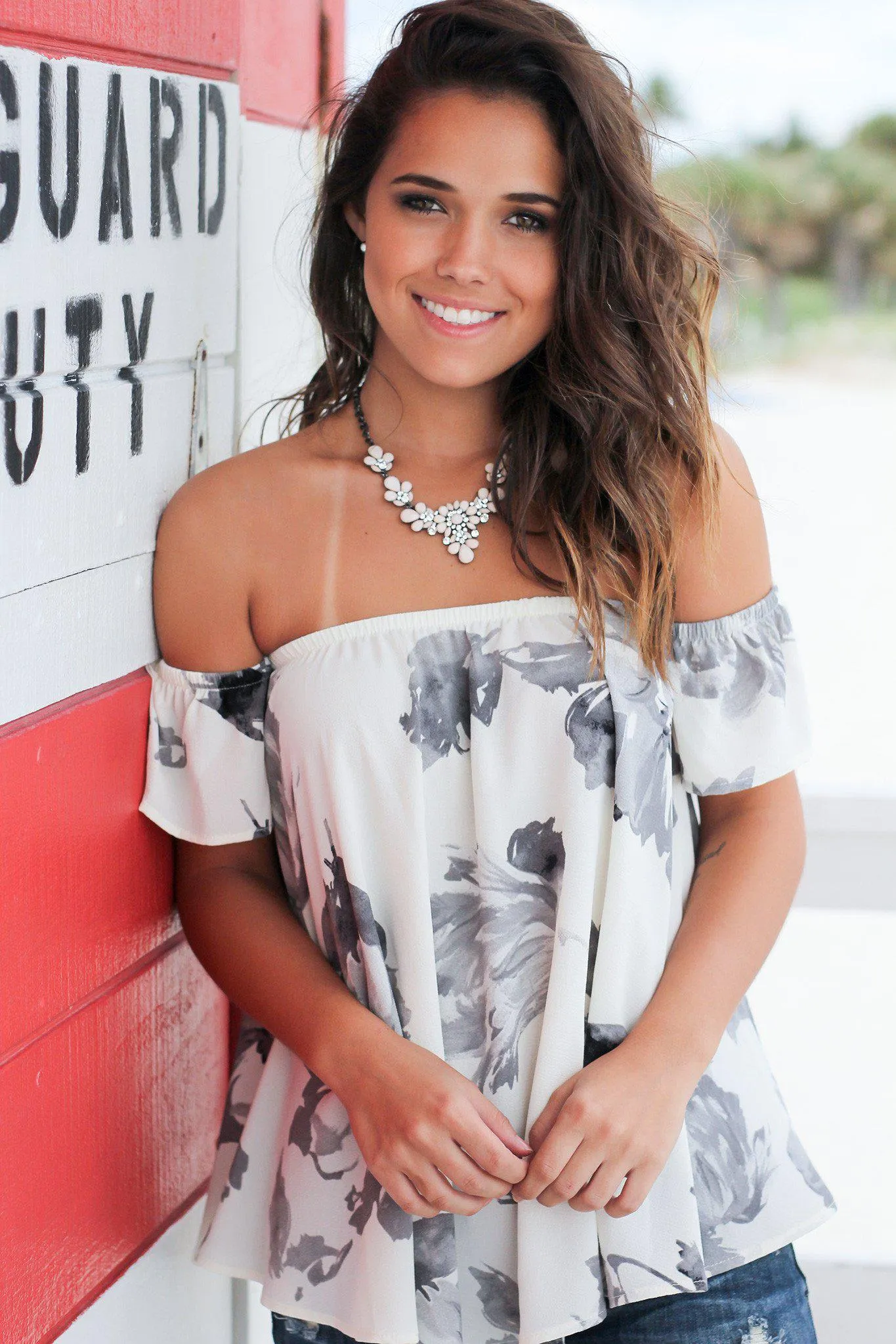 Ivory and Gray Floral Off Shoulder Top