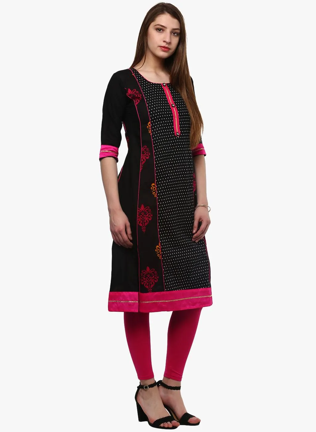 Jashvi Black Printed A-Line Rayon And Cotton Kurta